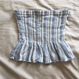 blue and white strapless top